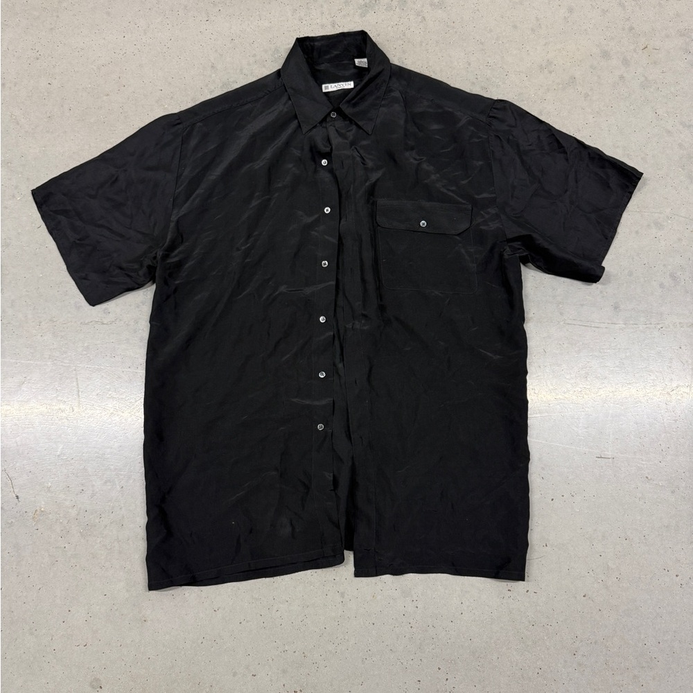 Vintage Silk Lanvin Black Men's Short Sleeve Button-Up Shirt